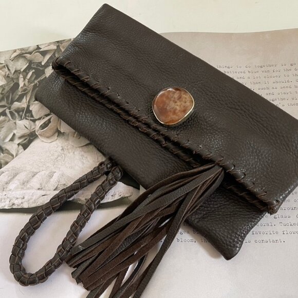ARTISAN Pebbled Leather Brown Clutch with Petrified Wood Jasper Clasp is NWOT! - Picture 2 of 7